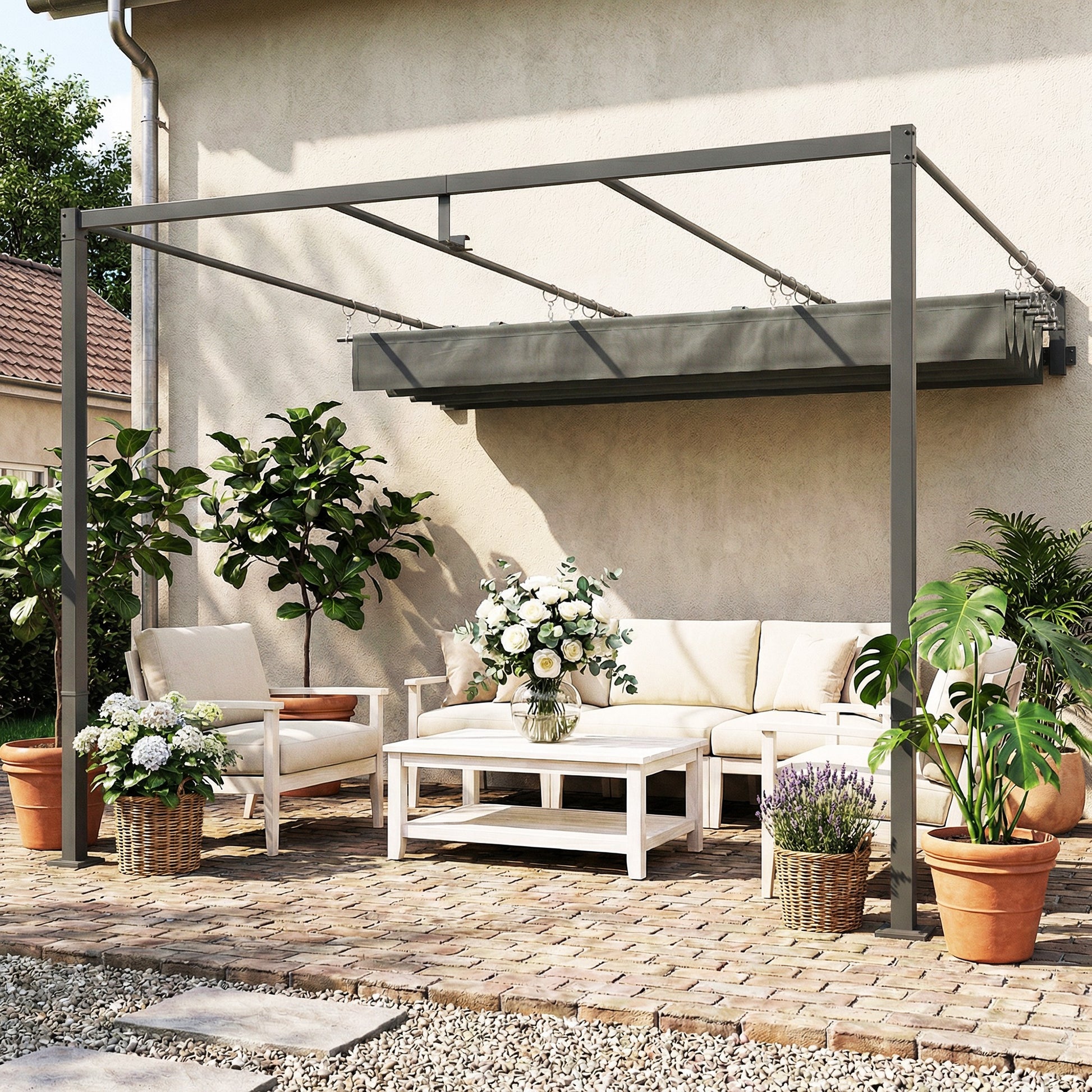 Outsunny Pérgola De Pared 3x3 M Con Techo Retráctil Upf30+ Gris Oscuro_3