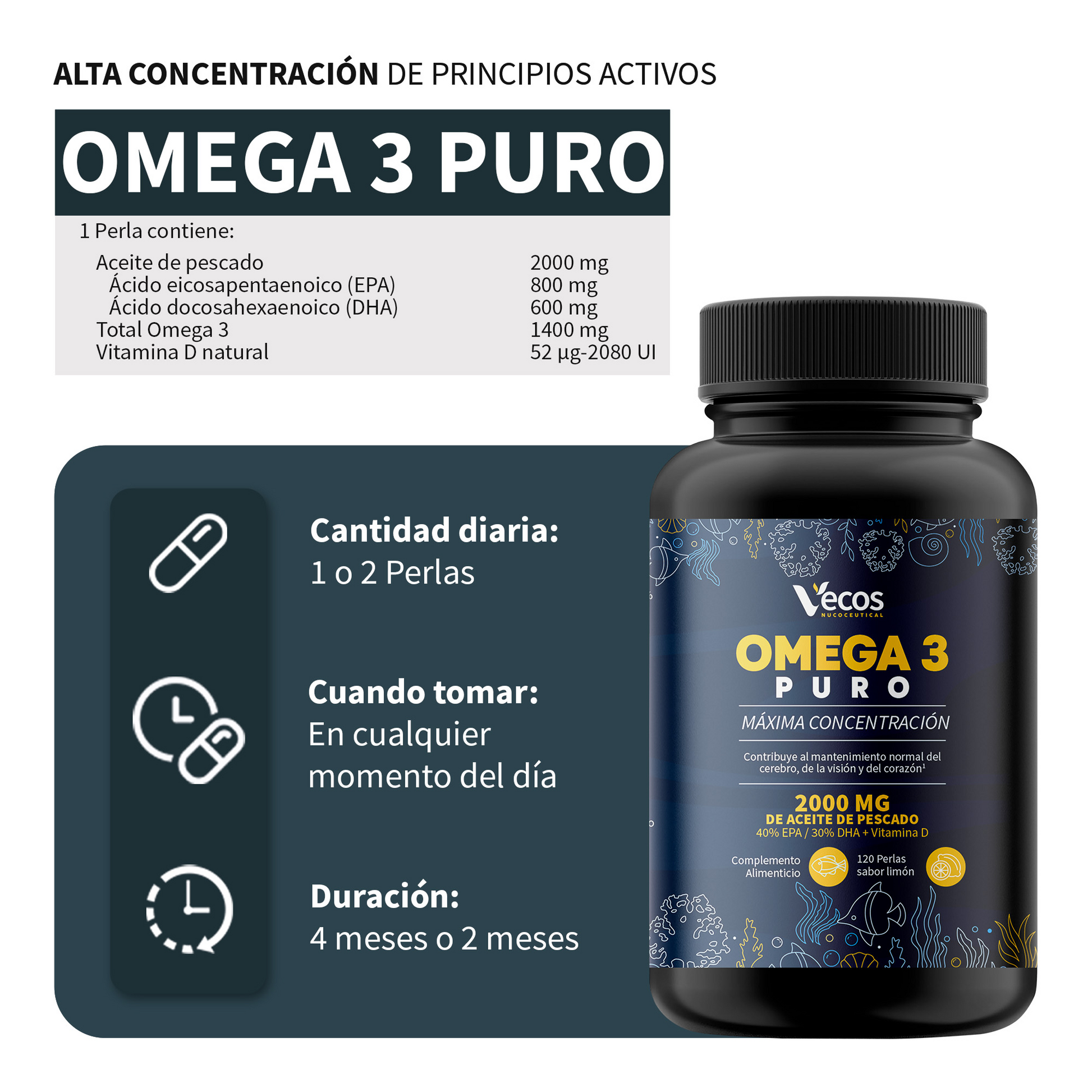 Omega 3 Puro (120 perlas) - 600 Mg Epa Y 800mg Dha | Aceite De Pescado Con Vitamina D | Sabor Limón_2