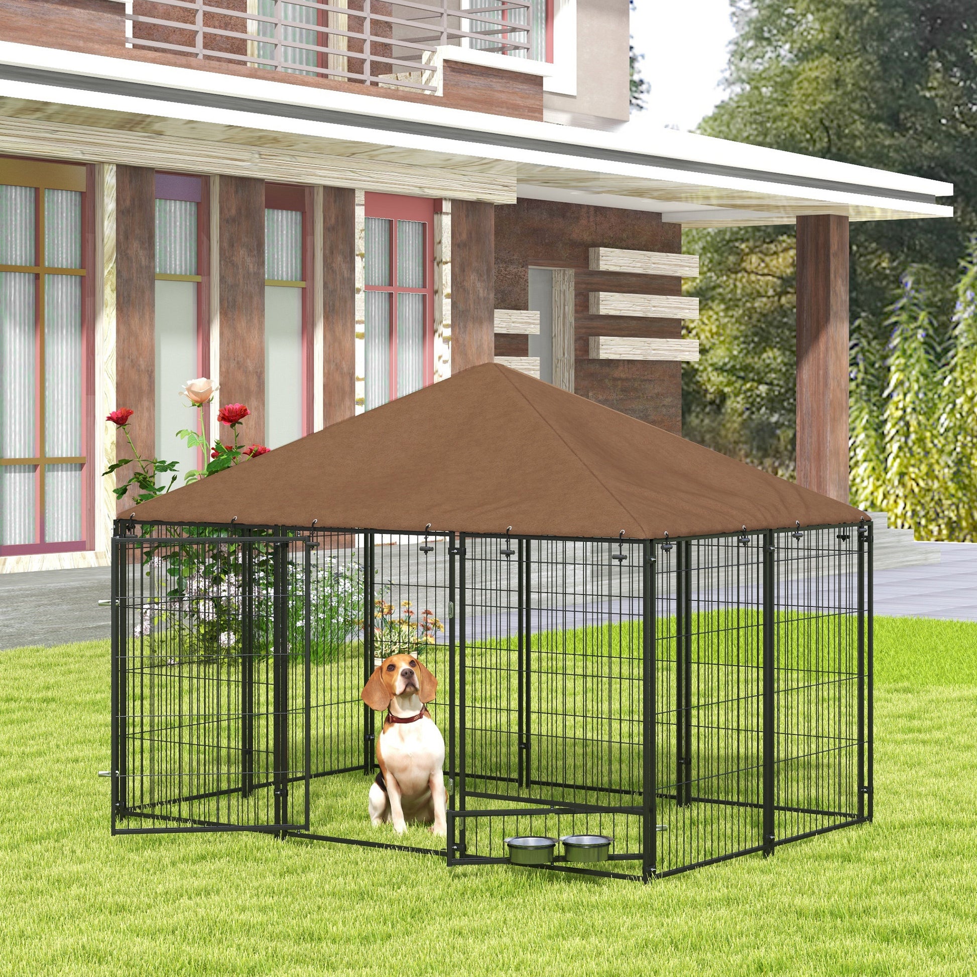 Pawhut Perrera Con Toldo Y 2 Cuencos Para Exterior 211x141x151 Cm Negro_1