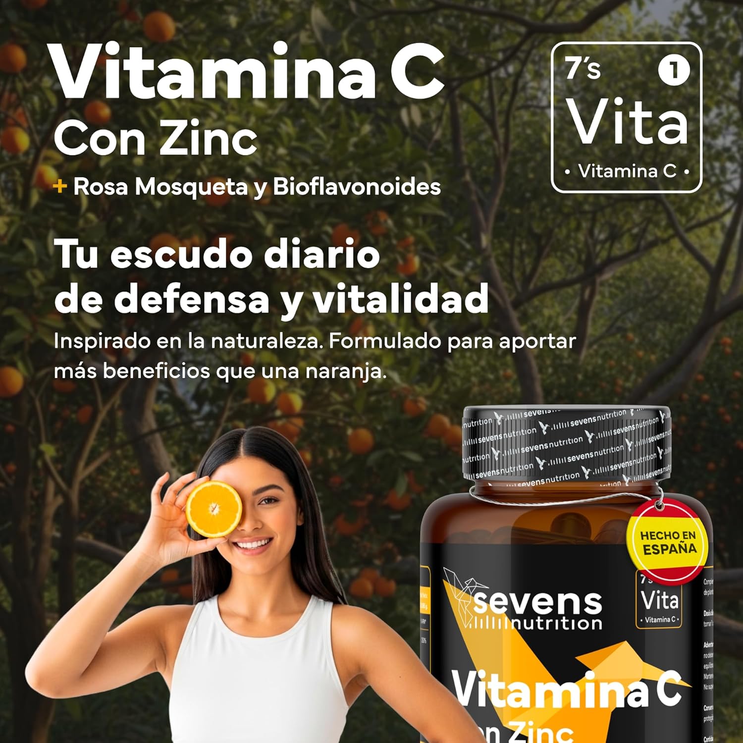 Vitamina C con Zinc Bioflavonoides y Rosa Mosqueta Sevens Nutrition 180 cápsulas