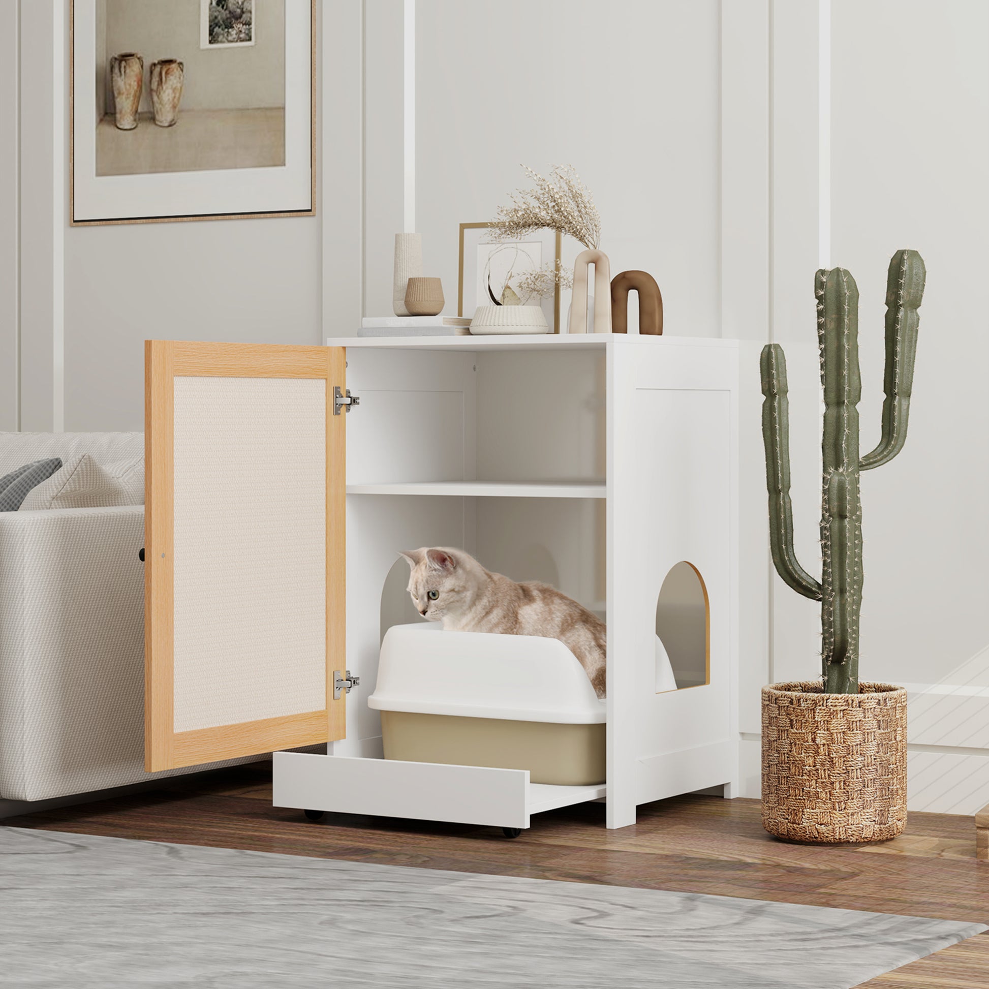 Pawhut Mueble Arenero Para Gatos Con Bandeja Extraíble 57x50x80,5 Cm Blanco_1