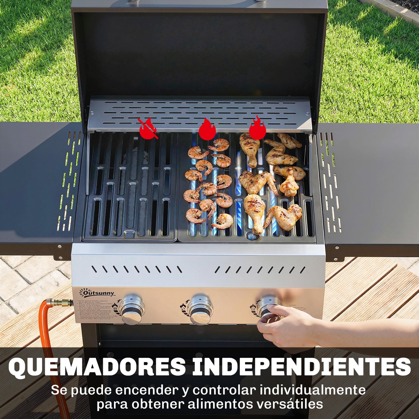 Outsunny Barbacoa De Gas Con 3 Quemadores 9 Kw Termómetro Mesas Laterales Negro_3