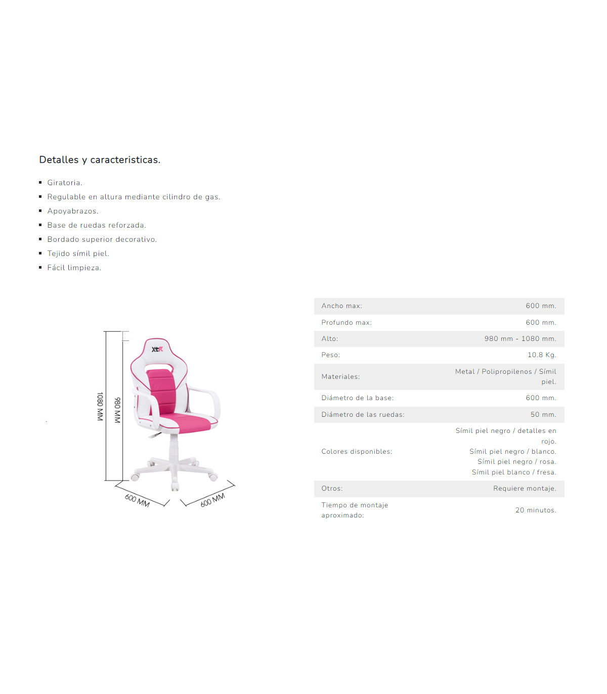 Sillon Giratorio Xtr Junior Regulable En Altura En Símil Piel Blanco/rosa, 98-108 Cm(alto_3