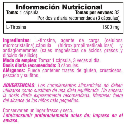 L-tyrosine (l-tirosina) 1500mg - 100 Cápsulas Vegetales - Aminoácidos - Smart Supplements_4