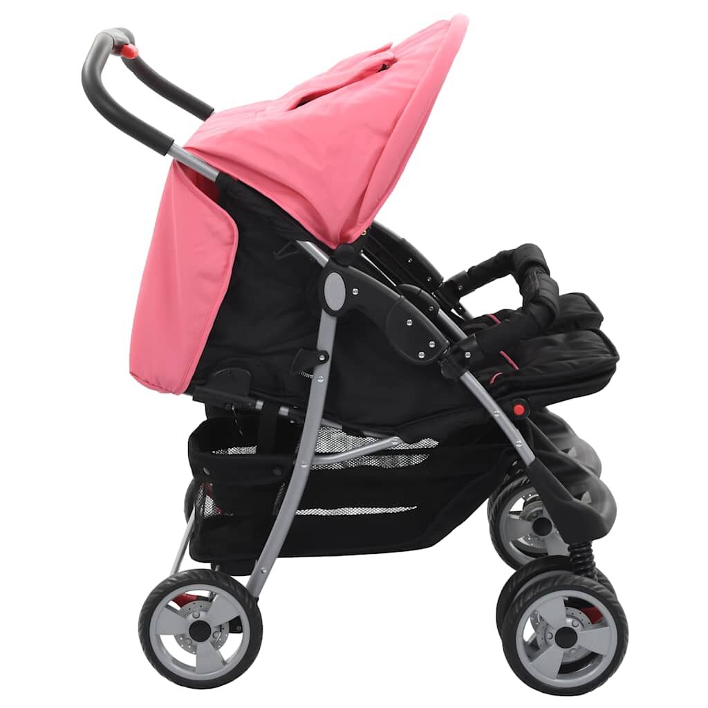 Vidaxl Silla De Paseo Para Gemelos De Acero Rosa Y Negro_1