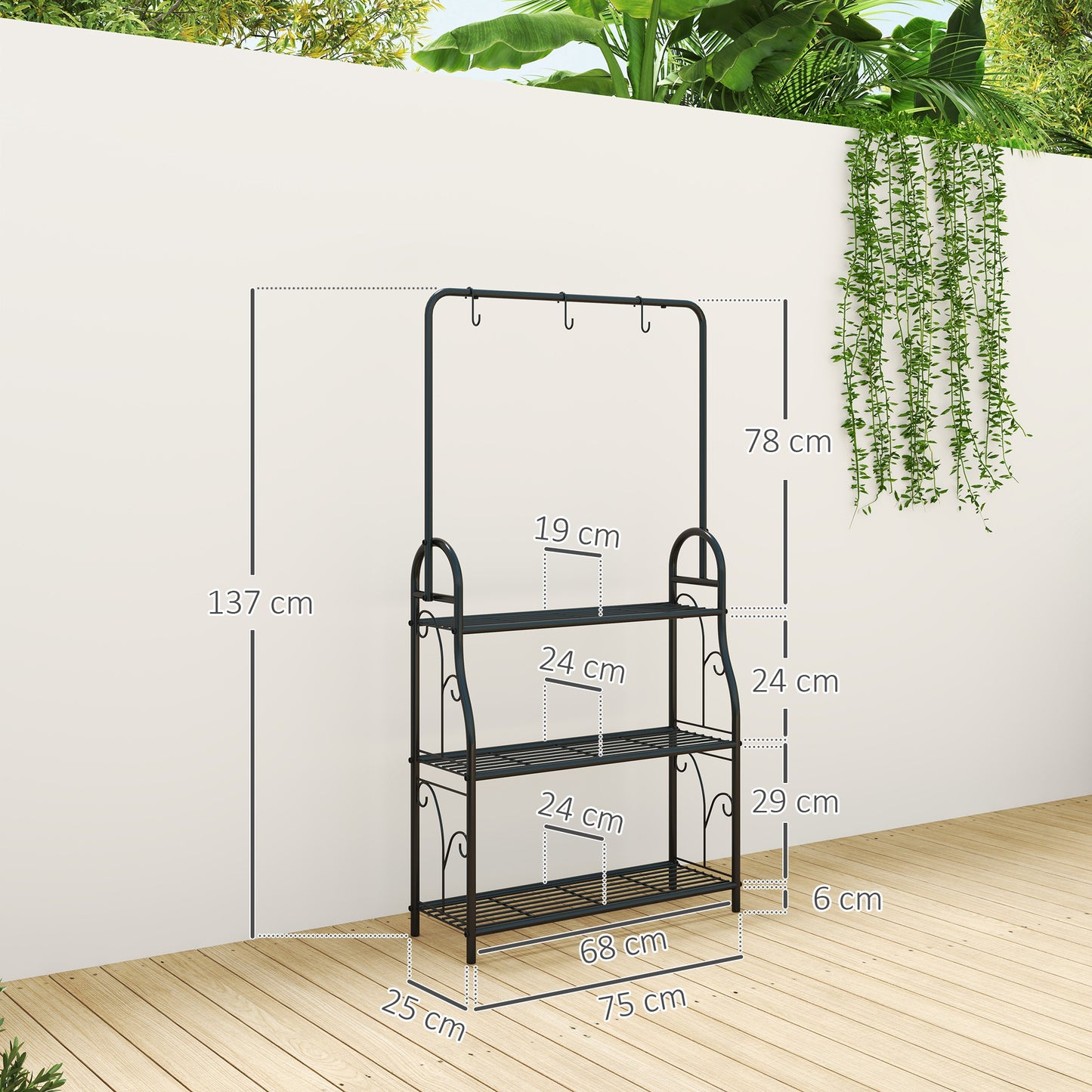 Outsunny Soporte Para Plantas De 3 Niveles Con Ganchos Barra Para Colgar Negro_2