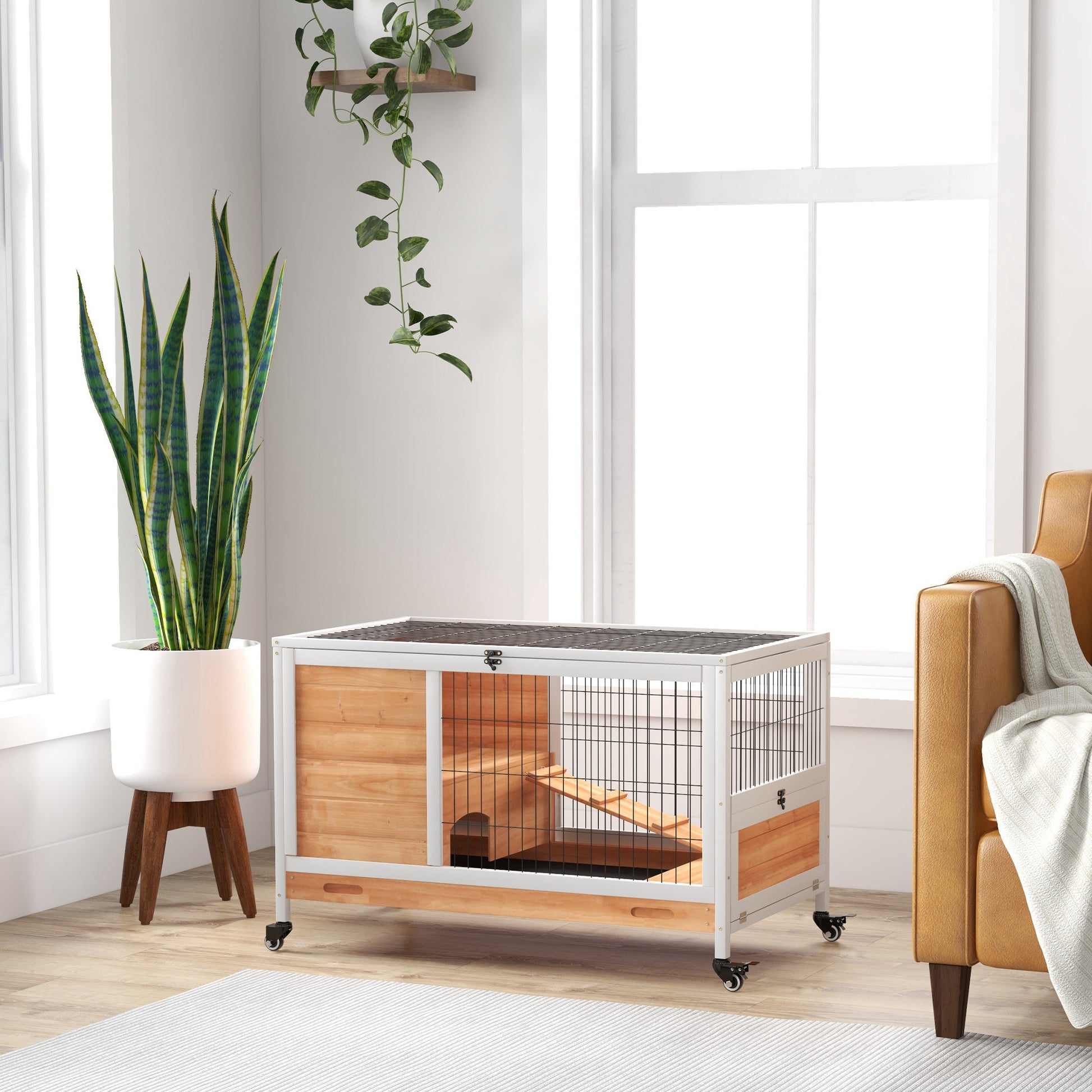Pawhut Jaula Para Conejos De Madera 90x53x59cm Techo Abrible Rampa Bandeja_1