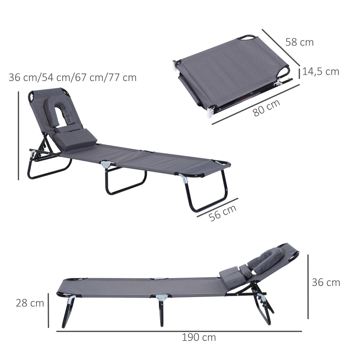 Outsunny Tumbona Plegable De Jardín Con Respaldo Ajustable Almohada Acero Gris_2