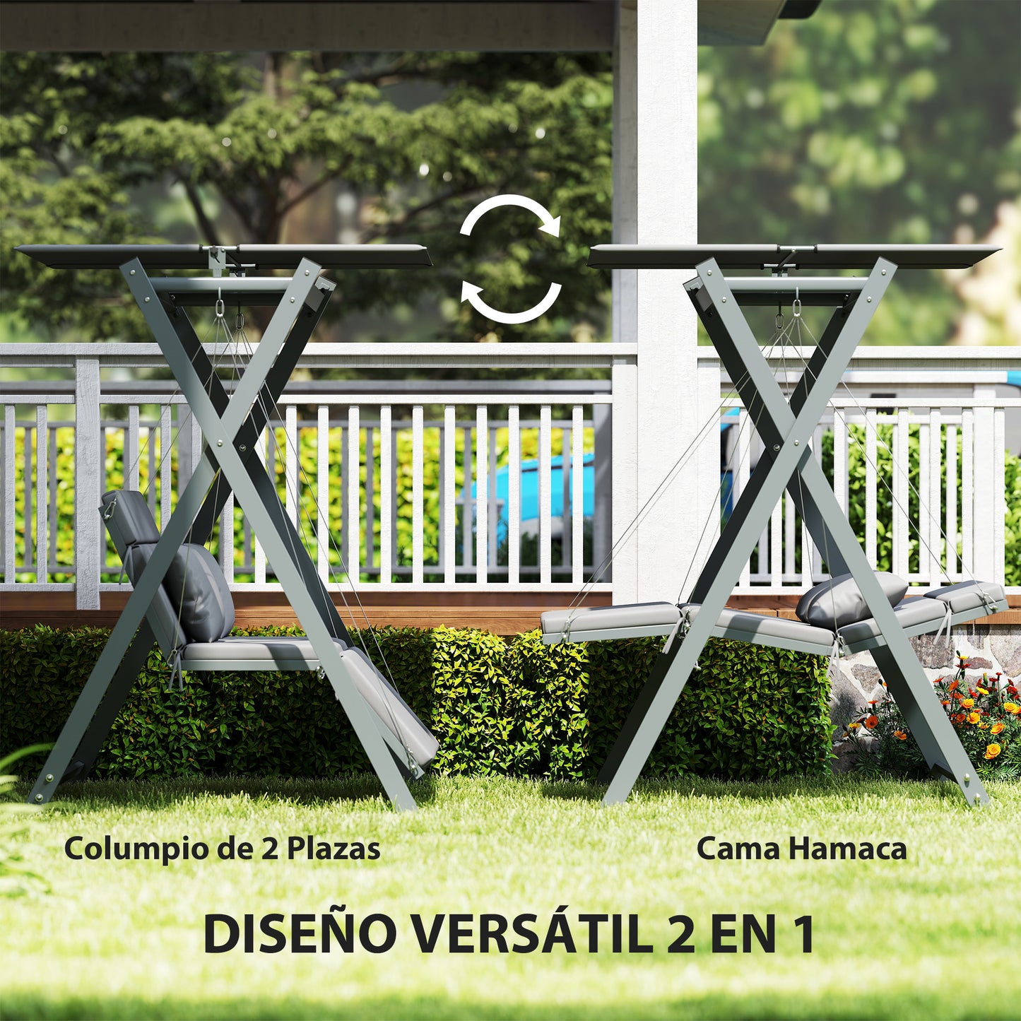Outsunny Columpio De Jardín Exterior De 2 Plazas Convertible En Cama Gris Oscuro_3
