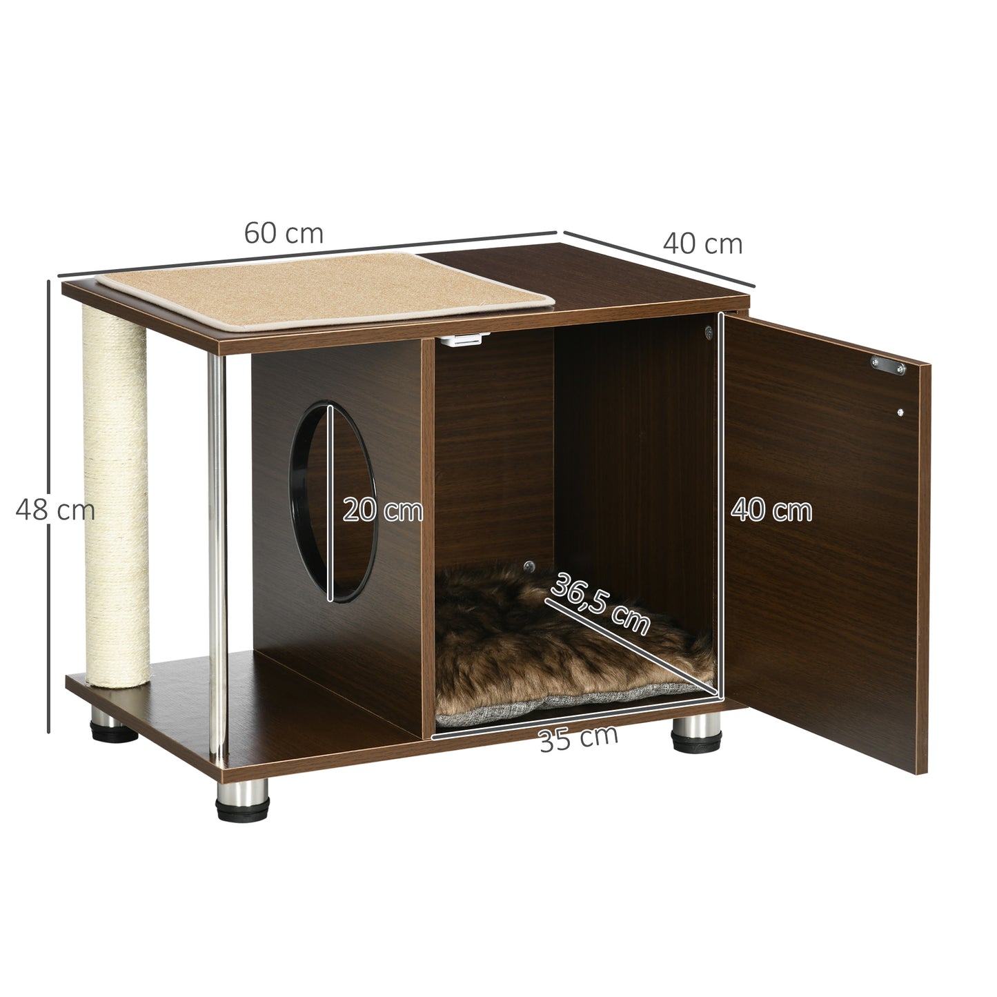 Pawhut Mueble Arenero Para Gatos Mesa Auxiliar Con Cojín Alfombras 60x40x48 Cm_2
