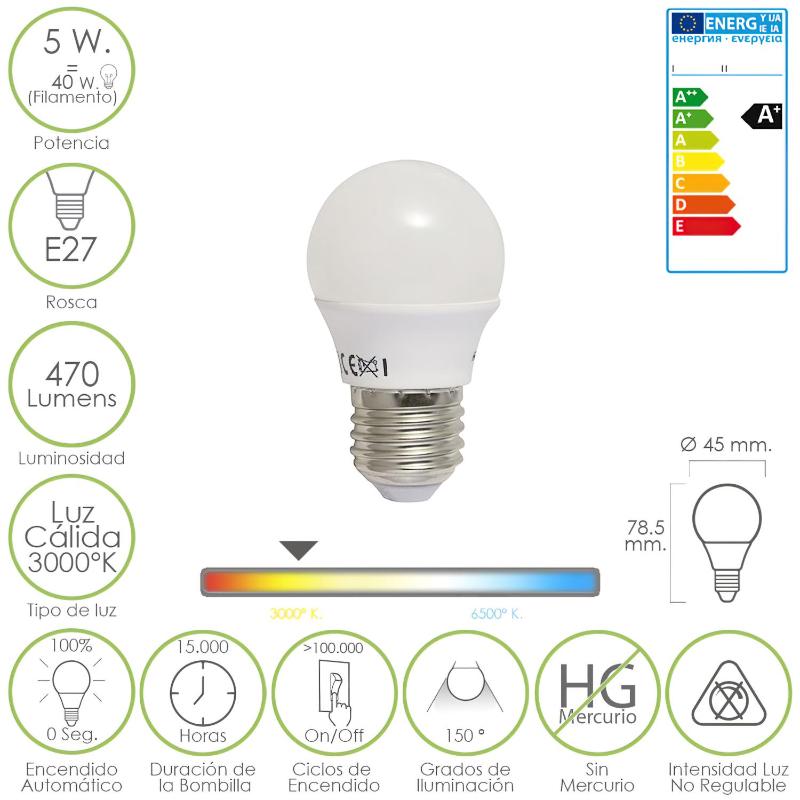 Bombilla Led Esferica E27 5 W. - 40 W. 470 Lúmenes. Luz Cálida (3.000 °k)._0
