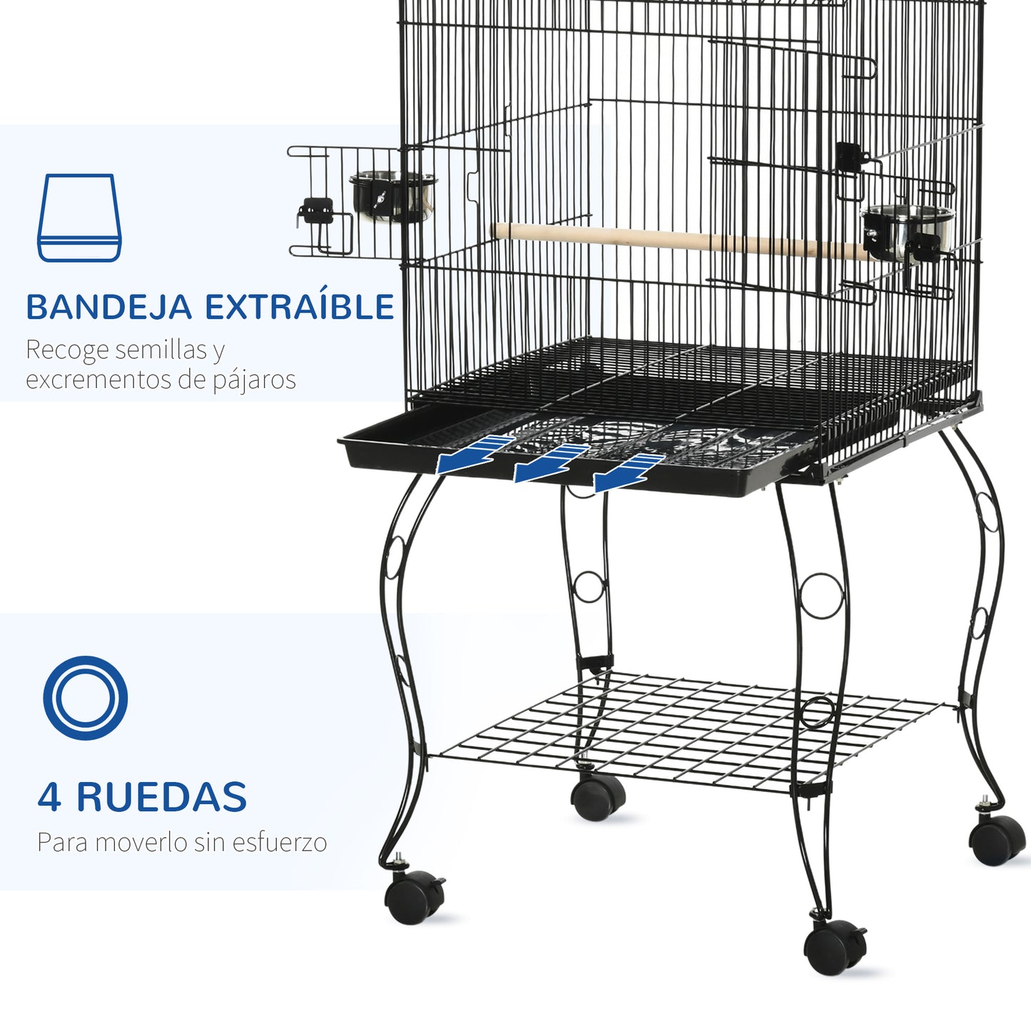 Pawhut Jaula Para Pájaros Con Ruedas Con Bandeja Extraíble Comederos 50x49x137cm_3