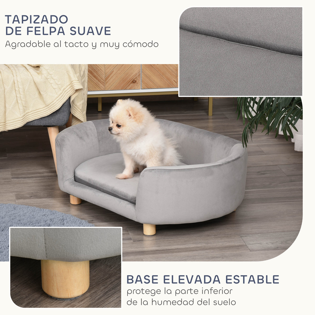 Pawhut Sofá Para Perros Pequeños Con Patas De Madera 86x55x33 Cm Gris Claro_5