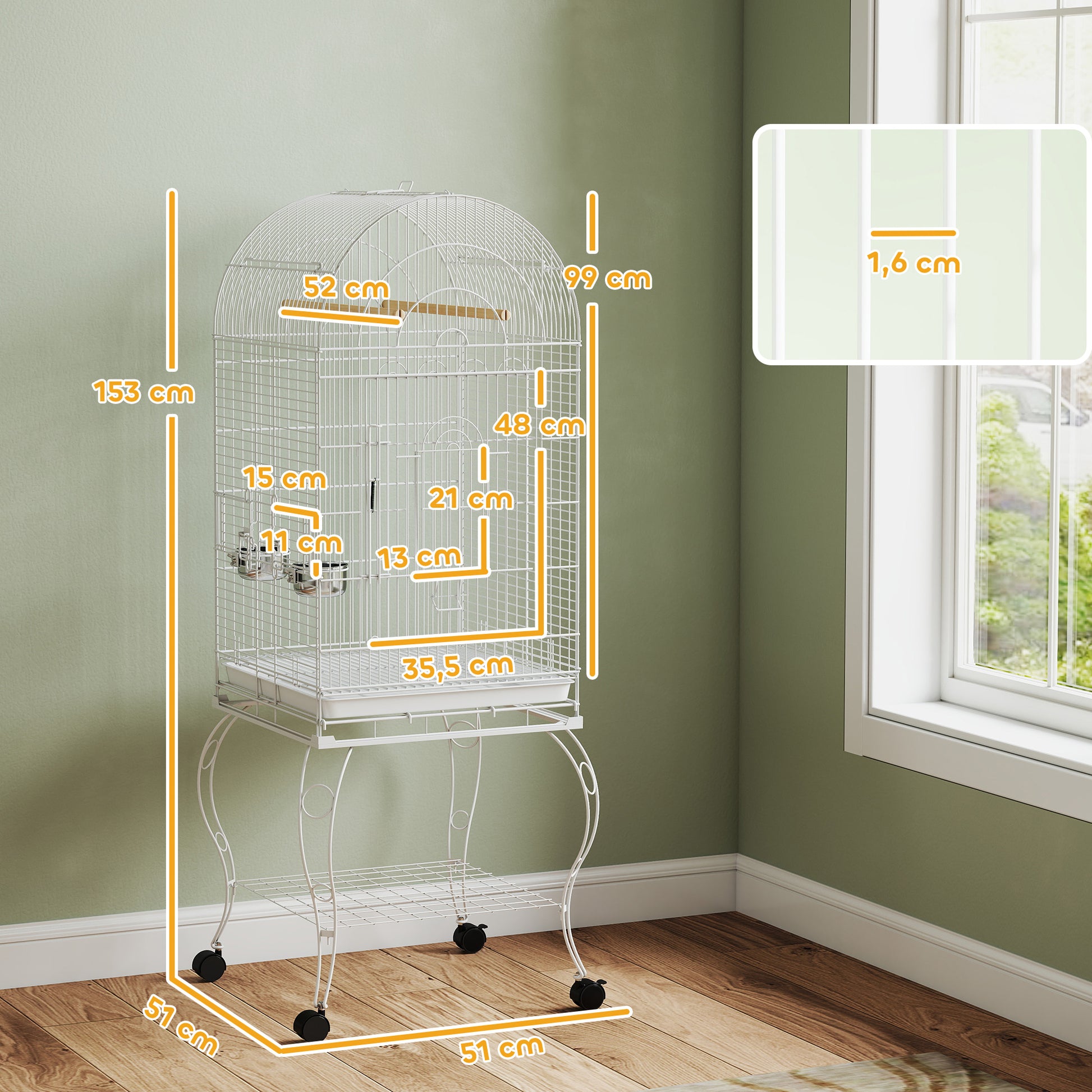 Pawhut Jaula Para Pájaros Con Ruedas Y Estante 2 Comederos 51x51x153 Cm Blanco_2