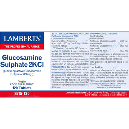 Sulfato de Glucosamina 2KCl 1400 mg Lamberts 120 tabletas