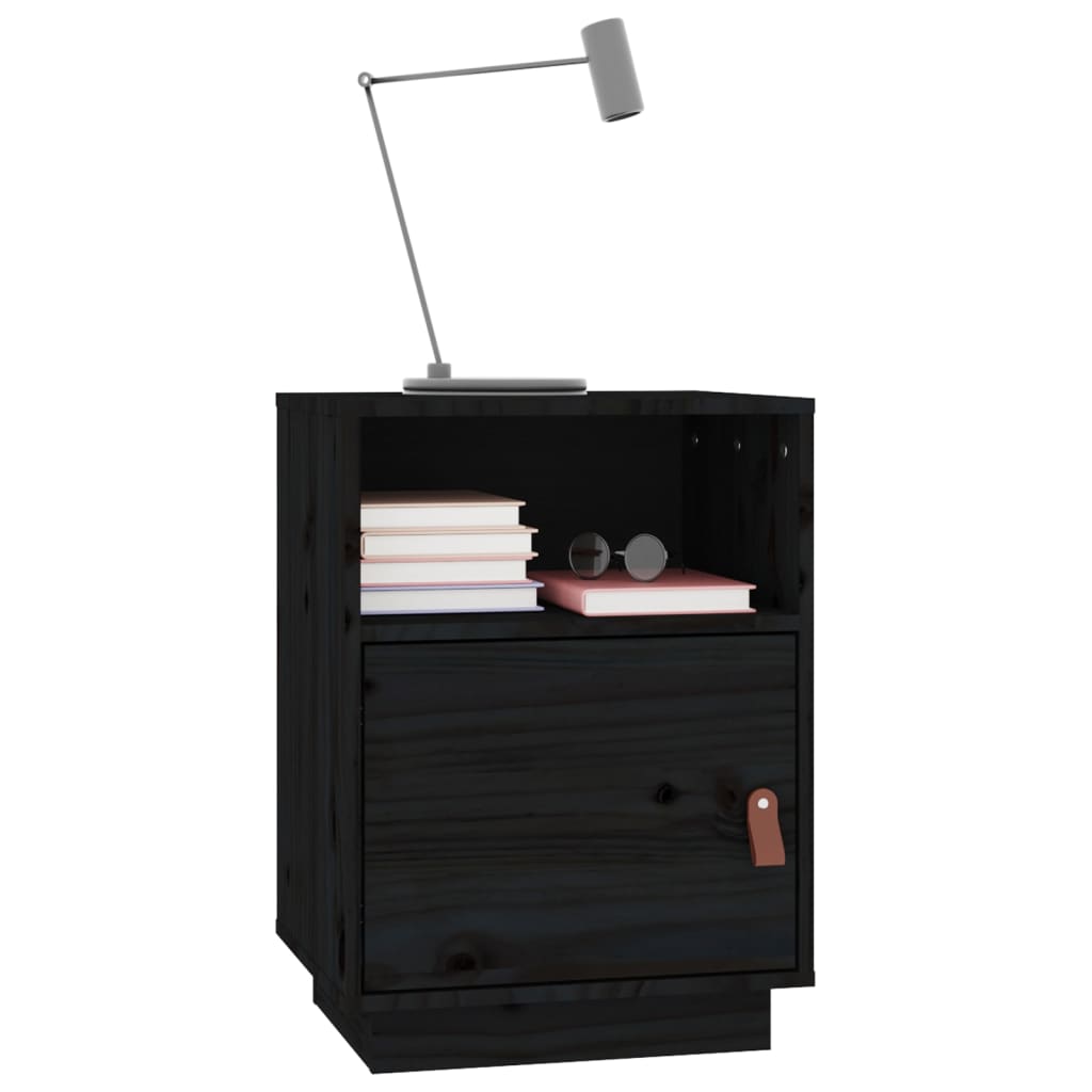 Mesita De Noche Madera Maciza De Pino Negro 40x34x55 Cm_2