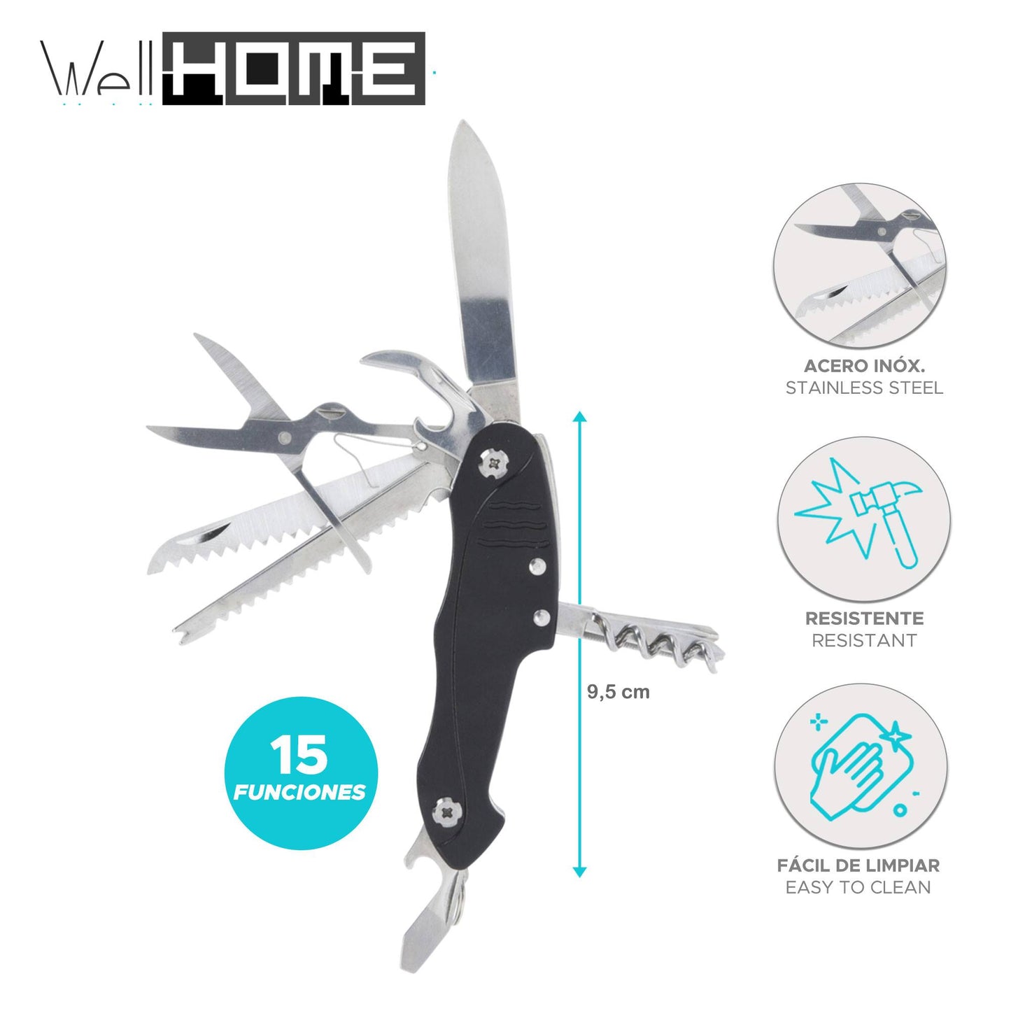 Well Home Navaja Con 15 Funciones En Acero Inoxidable Con Mango Negro 9,5cm_1