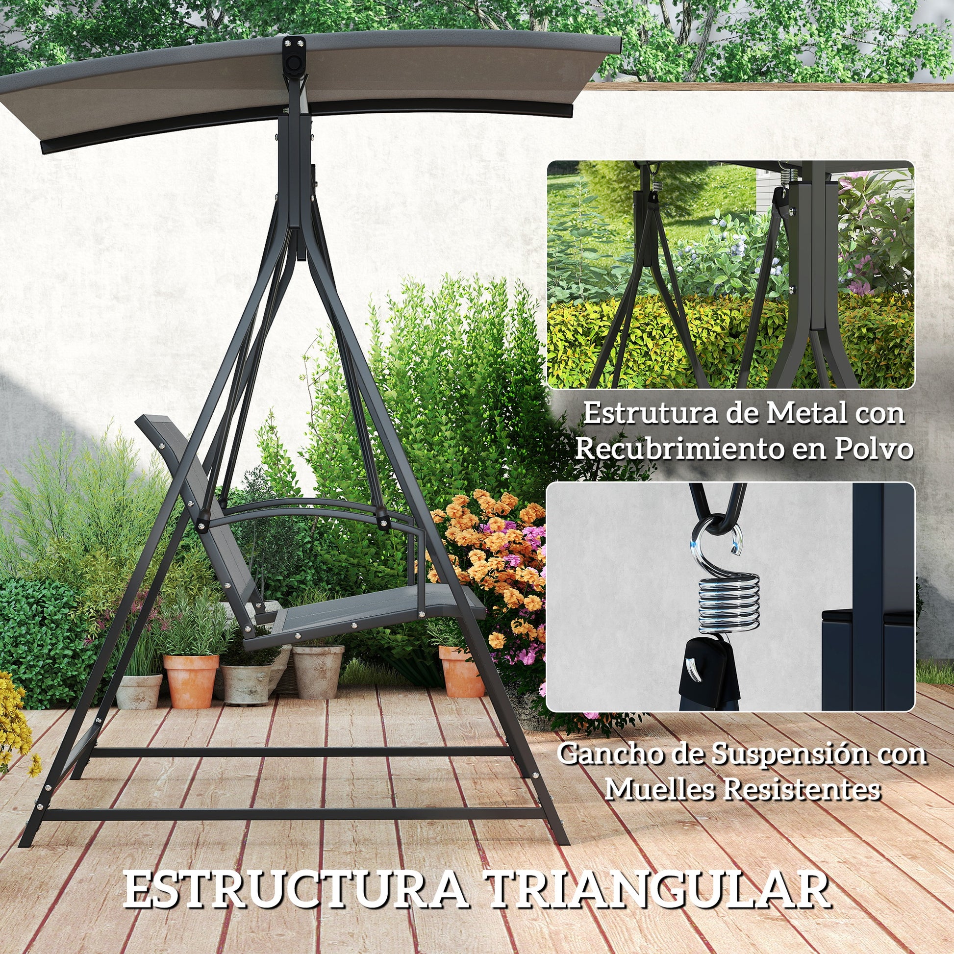 Outsunny Columpio De Jardín De 2 Plazas Con Toldo Ajustable 160x112x162 Cm Gris_4