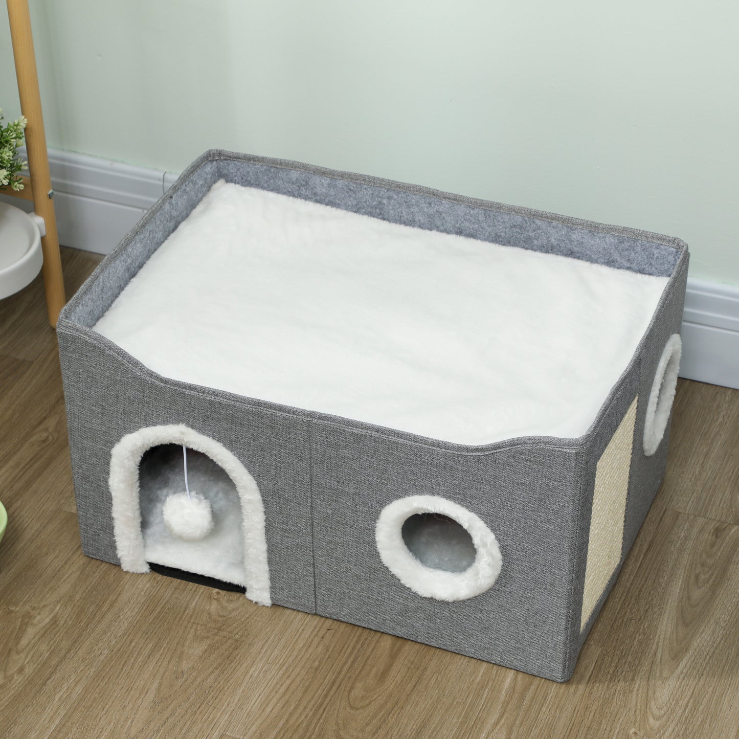 Pawhut Casa Para Gatos Plegable Con Rascador 3 Entradas 60x40x34 Cm Gris_3