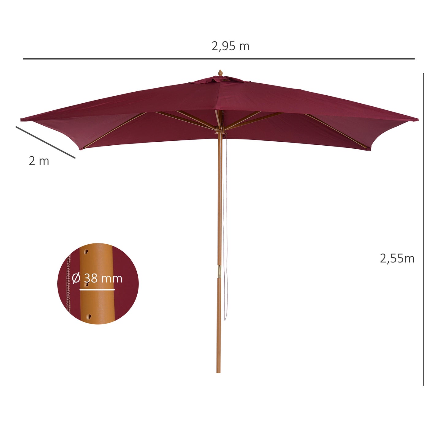 Outsunny Sombrilla Jardín 295x200cm Con Mástil De Madera Y Polea Rojo Vino_2