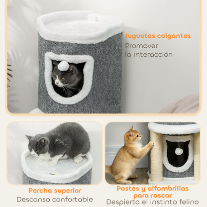 Pawhut Árbol Rascador Para Gatos 76 Cm Con Cama 2 Cuevas Postes Alfombra Gris_5