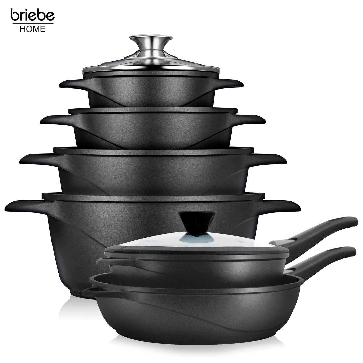 Briebe Batería De Cocina Inducción 12 Piezas Aluminio Fundido 4 Ollas 2 Sartenes Antiadherente Tapas, Mgk1219, Negro_0