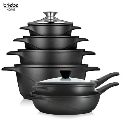 Briebe Batería De Cocina Inducción 12 Piezas Aluminio Fundido 4 Ollas 2 Sartenes Antiadherente Tapas, Mgk1219, Negro_0