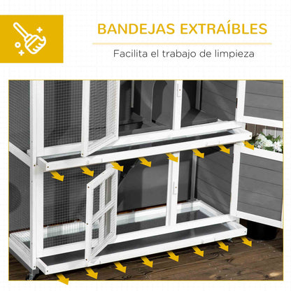 Pawhut Conejera De Madera De 2 Niveles Con Ruedas Y Techo Blanco Y Gris_5