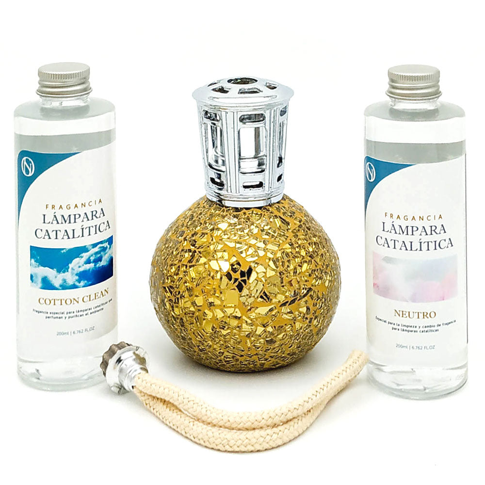 Pack Ahorro Lámpara Catalítica Mosaico Dorado + Fragancia Cotton Clean 500ml + Limpiador Neutro 200ml + Mecha Repuesto_0