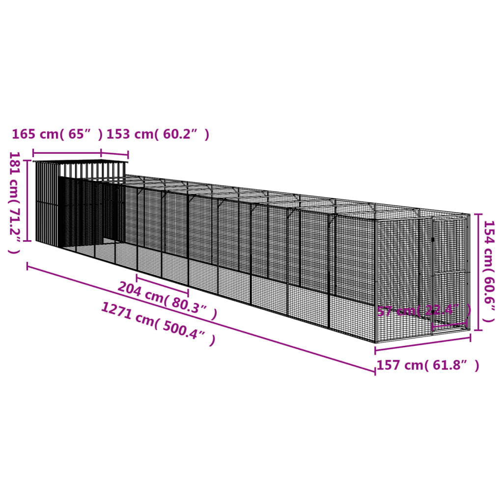 Vidaxl Caseta Perros Con Corral Acero Galvanizado Gris 165x1271x181 Cm_2