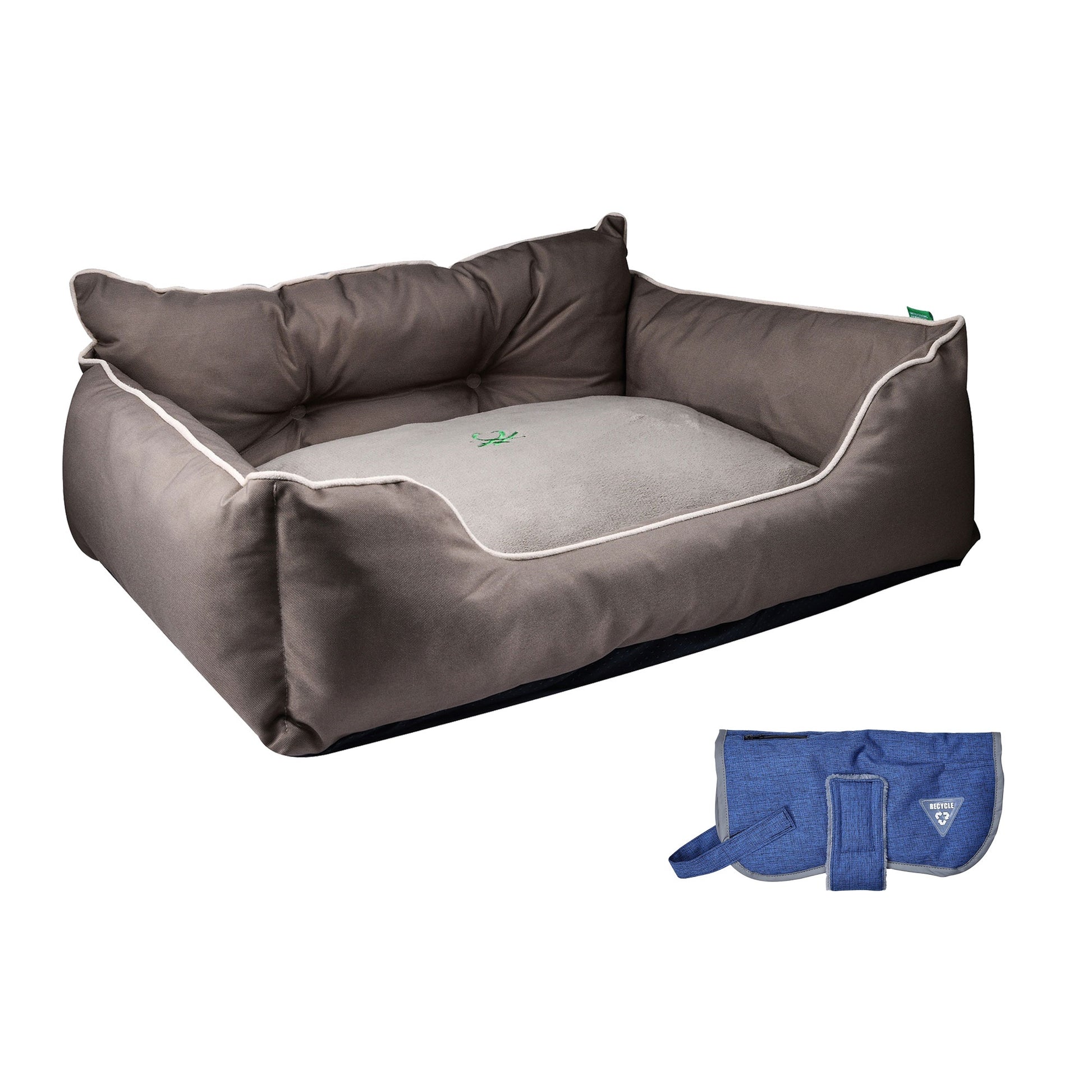 Cama Para Mascota 75x60x25cm Marrón + Abrigo Azul Para Mascotas 35cm_0