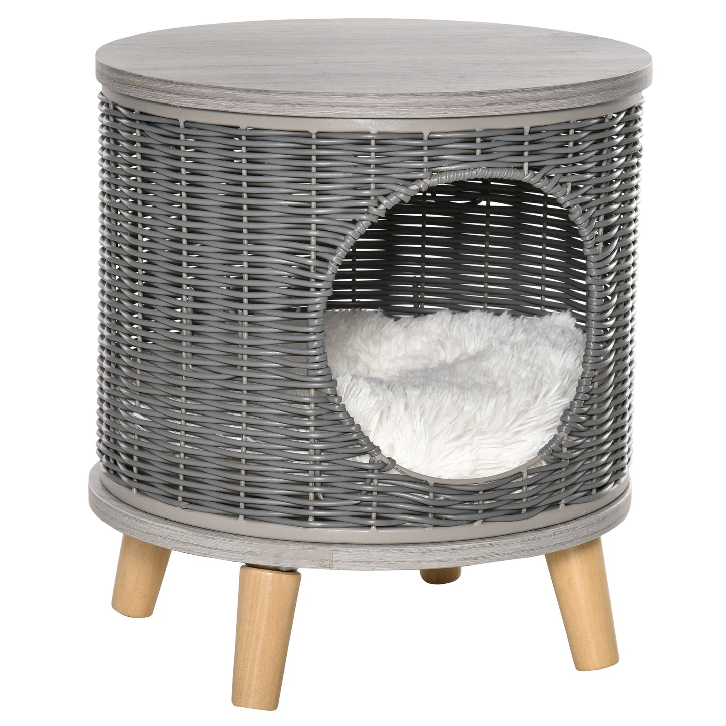 Pawhut Cueva Para Gatos Ratán Ø36x40,5cm Cojín Lavable Patas De Madera Extraíble_0