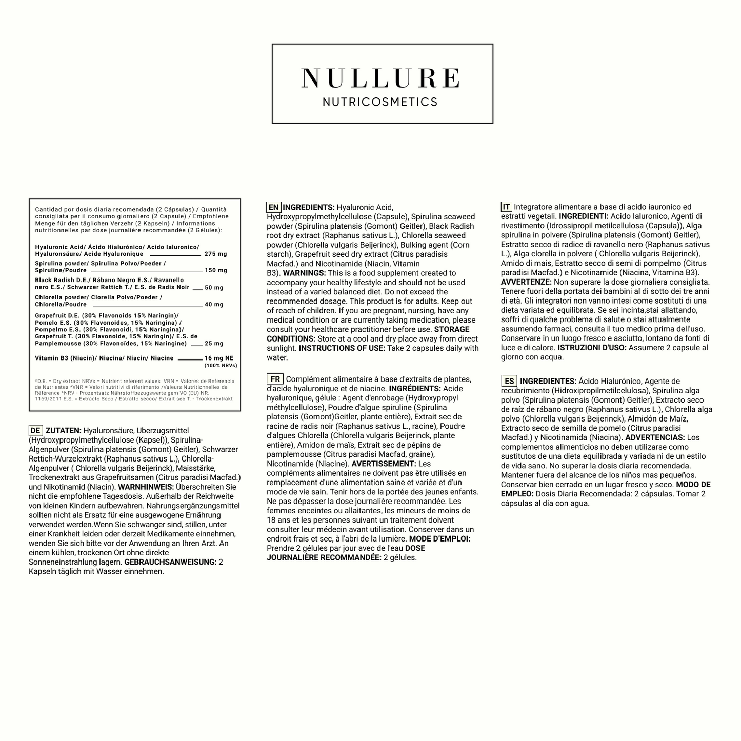 Ácido Hialurónico Complex  Nullure – Hidratación Profunda, Antiarrugas Con Espirulina Y Chlorella (120 Cápsulas)_4
