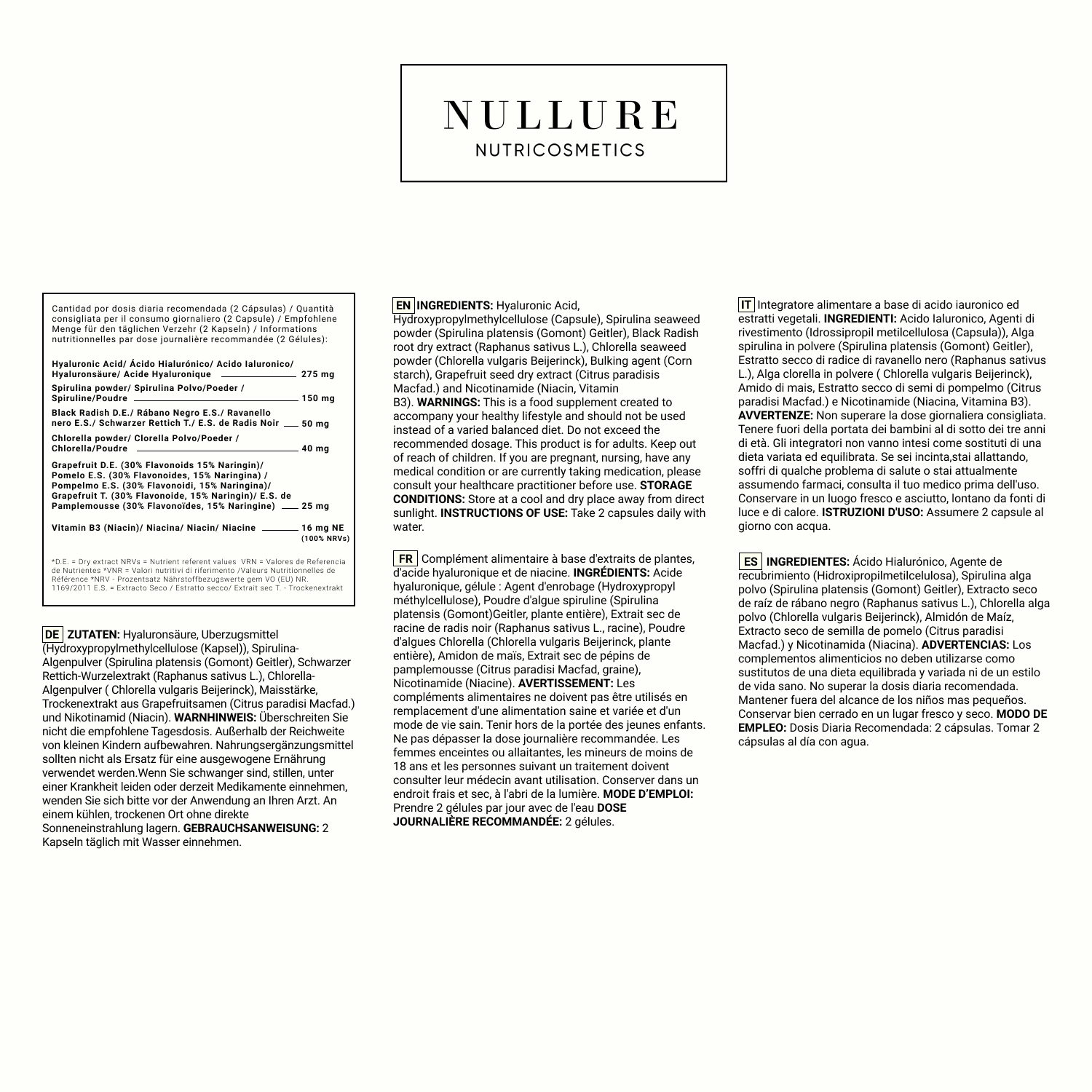 Ácido Hialurónico Complex  Nullure – Hidratación Profunda, Antiarrugas Con Espirulina Y Chlorella (120 Cápsulas)_4