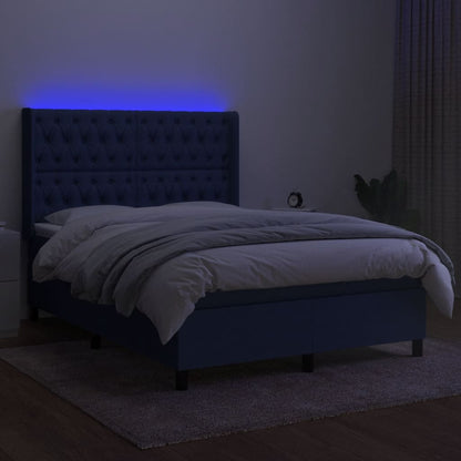 Cama Box Spring Colchón Y Luces Led Tela Azul 140x200 Cm / Vetonek_0