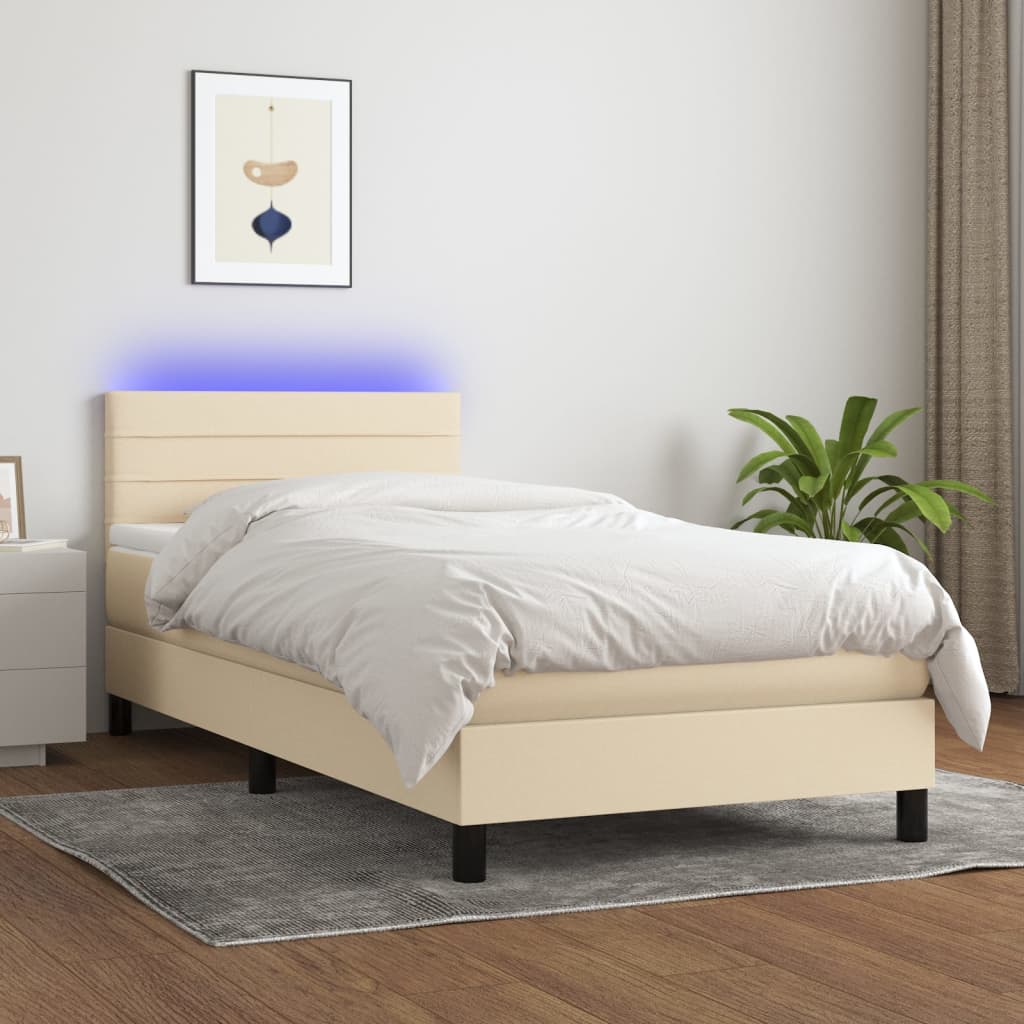 Cama Box Spring Colchón Y Luces Led Tela Crema 90x200 Cm / Vetonek_4
