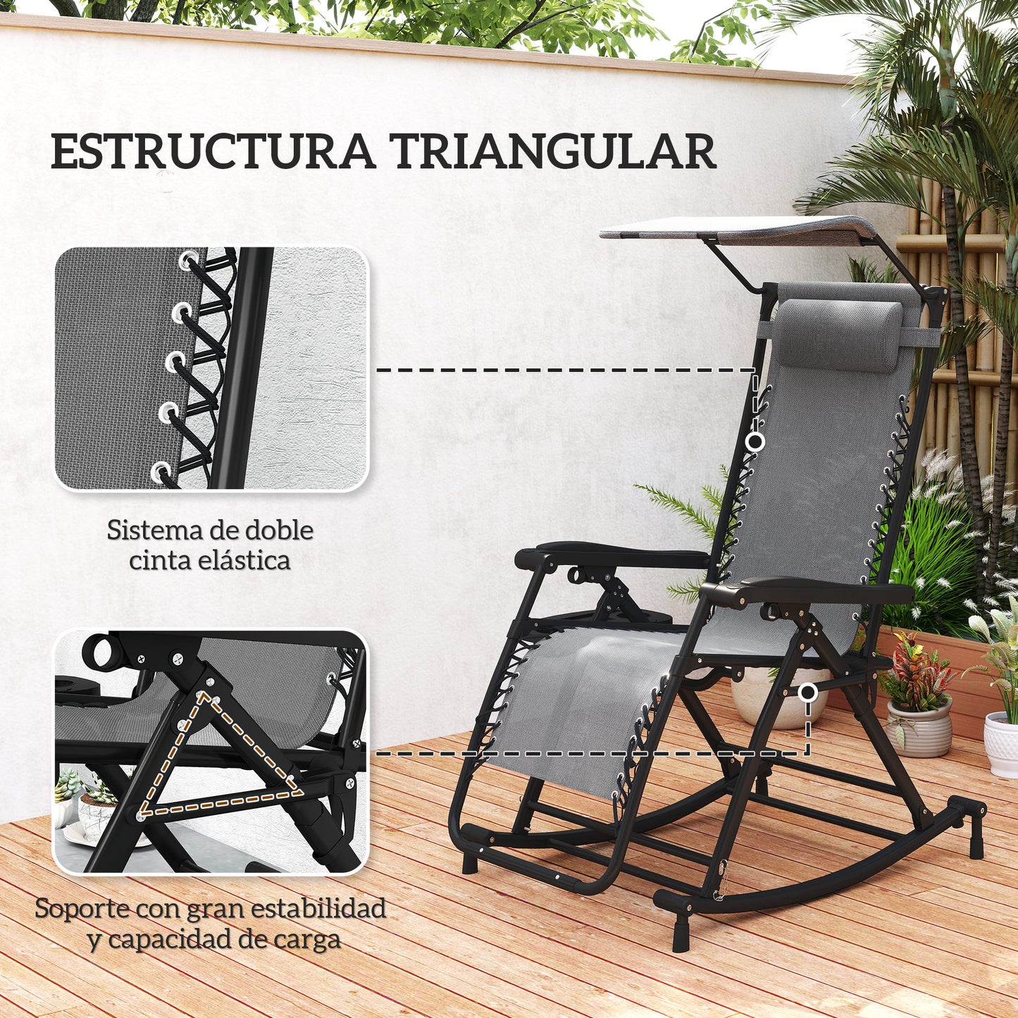Outsunny Silla Mecedora De Jardín Plegable Con Techo Reposacabezas Extraíble_5