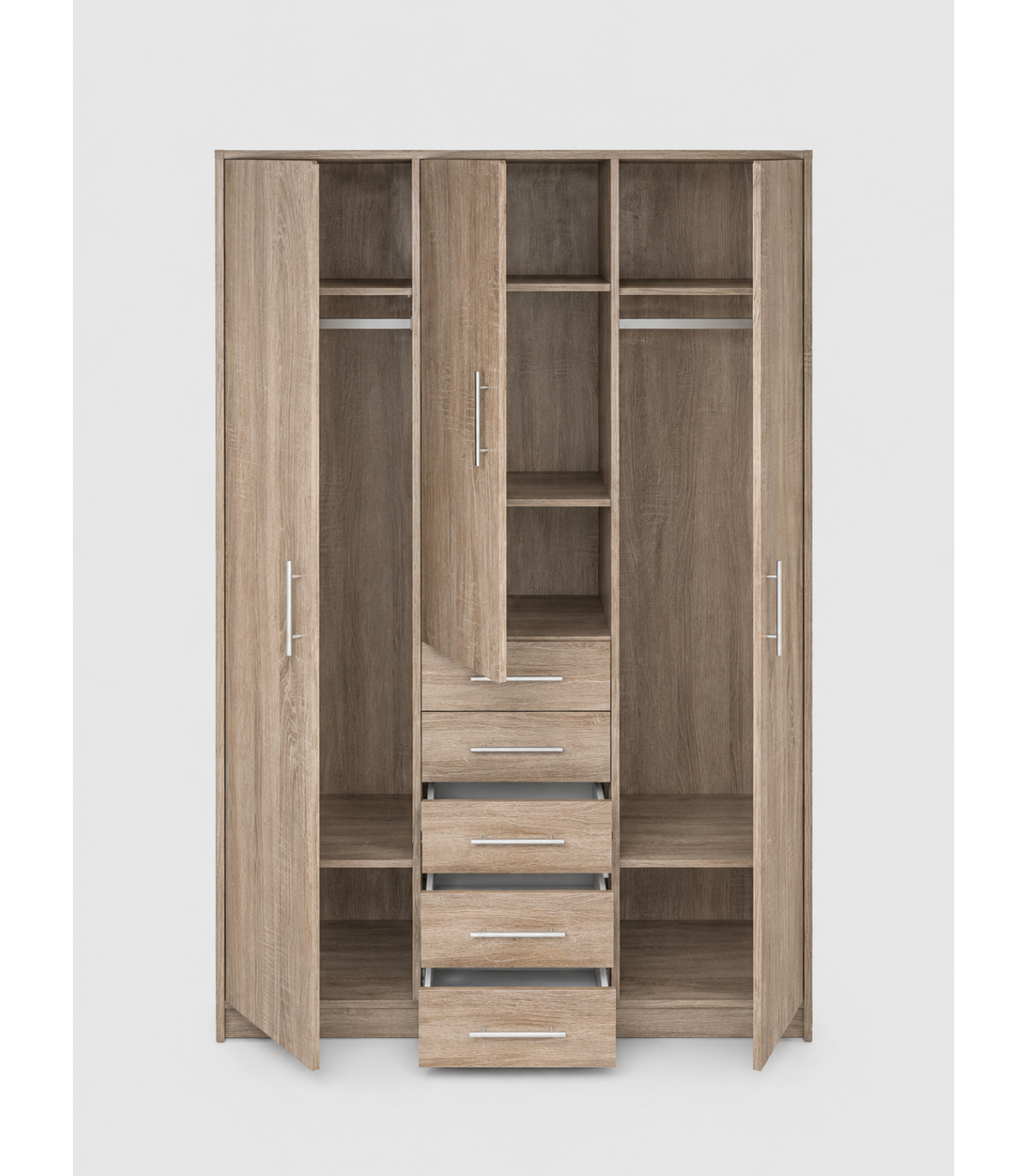 Armario 3 Puertas Abatibles 5 Cajones Acabado Roble Cortez, 200 Cm(alto)130 Cm(ancho)50 Cm_2