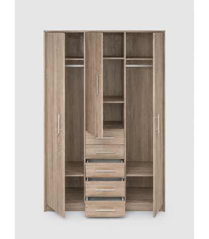 Armario 3 Puertas Abatibles 5 Cajones Acabado Roble Cortez, 200 Cm(alto)130 Cm(ancho)50 Cm_2