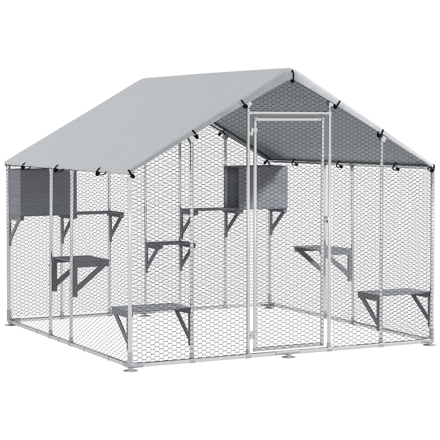 Pawhut Jaula Grande Para Gatos Exterior Con 2 Casitas 240x193x195 Cm Plata_0