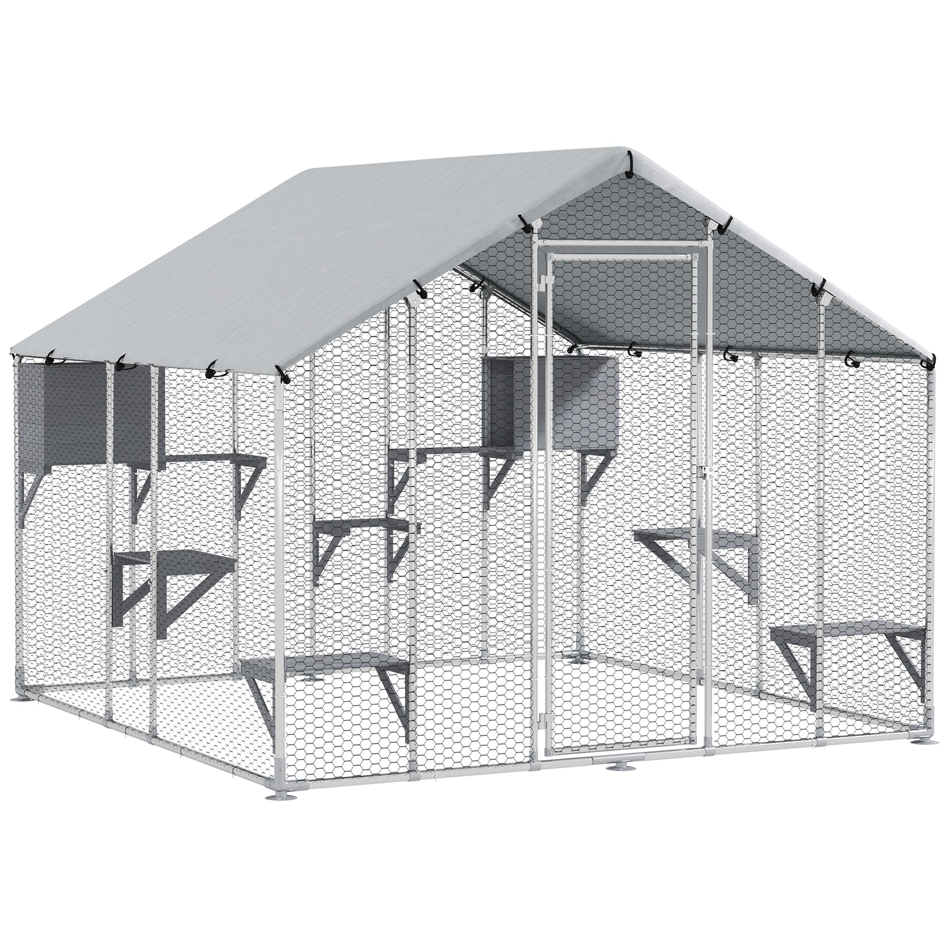 Pawhut Jaula Grande Para Gatos Exterior Con 2 Casitas 240x193x195 Cm Plata_0