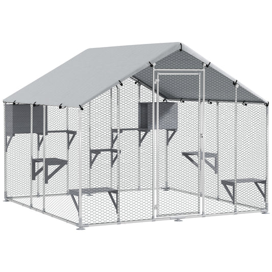 Pawhut Jaula Grande Para Gatos Exterior Con 2 Casitas 240x193x195 Cm Plata_0