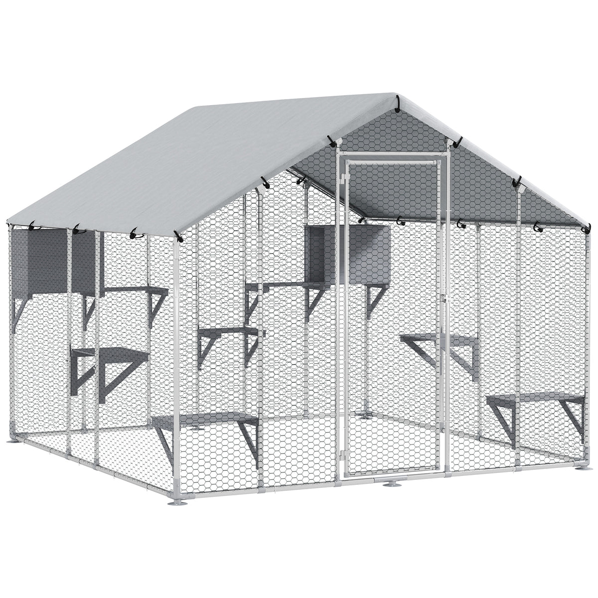 Pawhut Jaula Grande Para Gatos Exterior Con 2 Casitas 240x193x195 Cm Plata_0