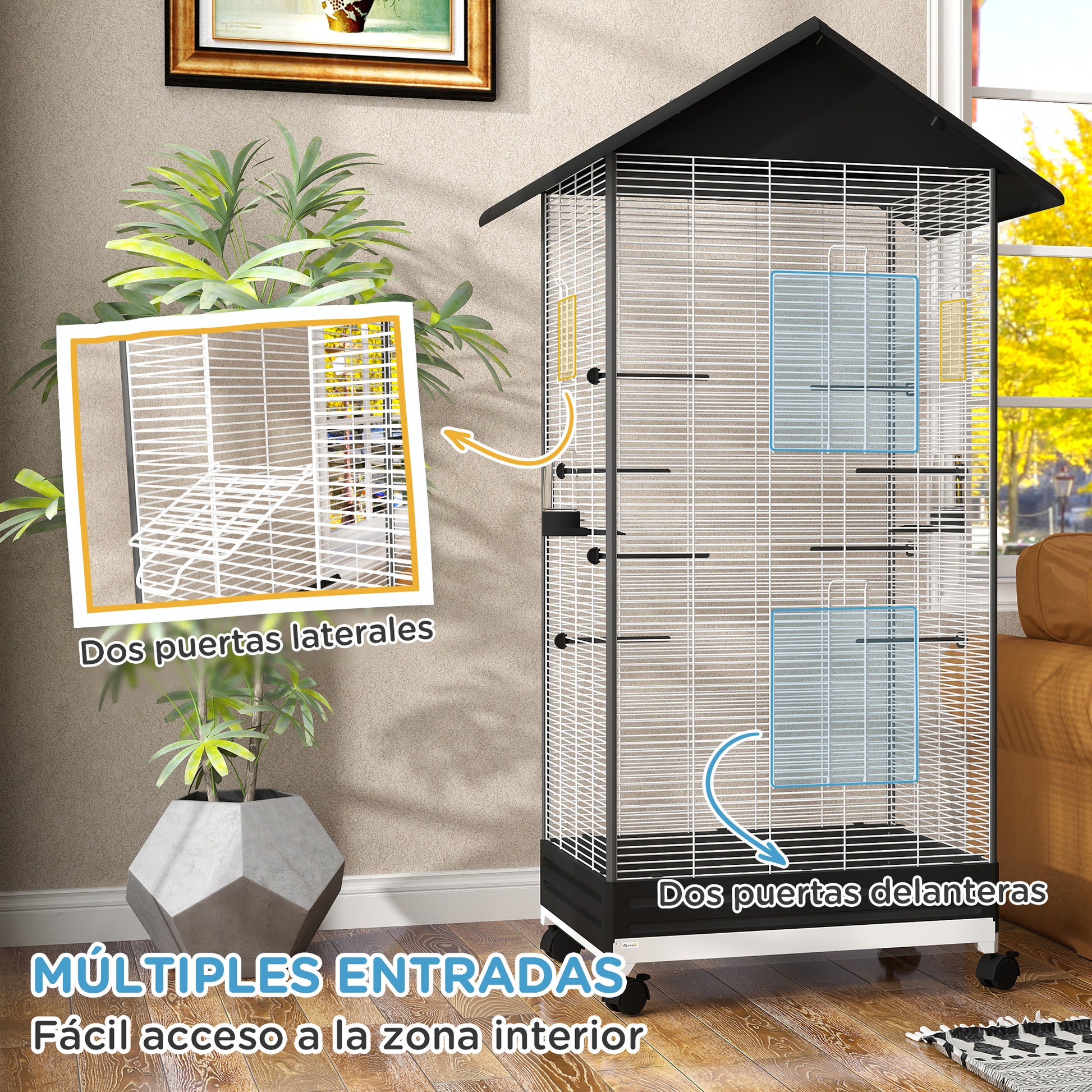 Pawhut Jaula Para Pájaros Con Ruedas Bandeja Extraíble 79x65x155 Cm Negro_5