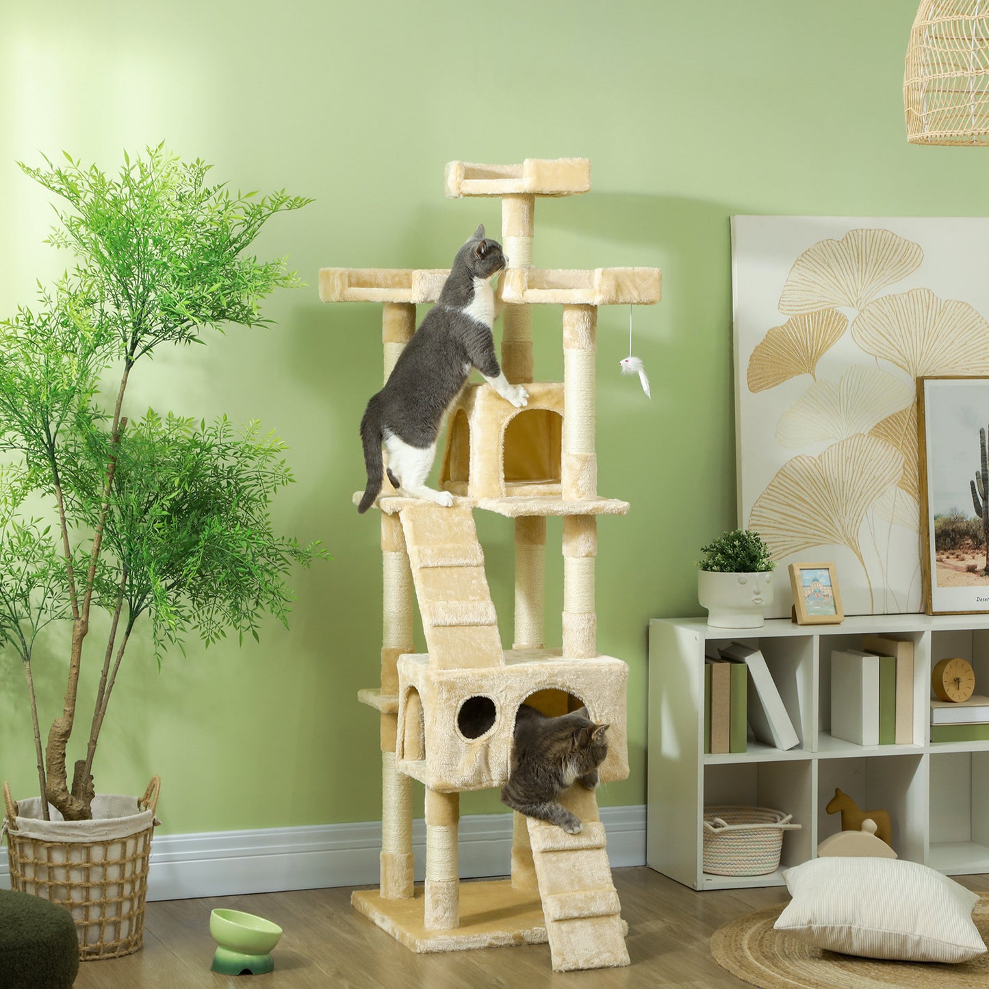 Pawhut Árbol Rascador Para Gatos Grande 49x49x173 Cm Con Múltiples Niveles Beige_1
