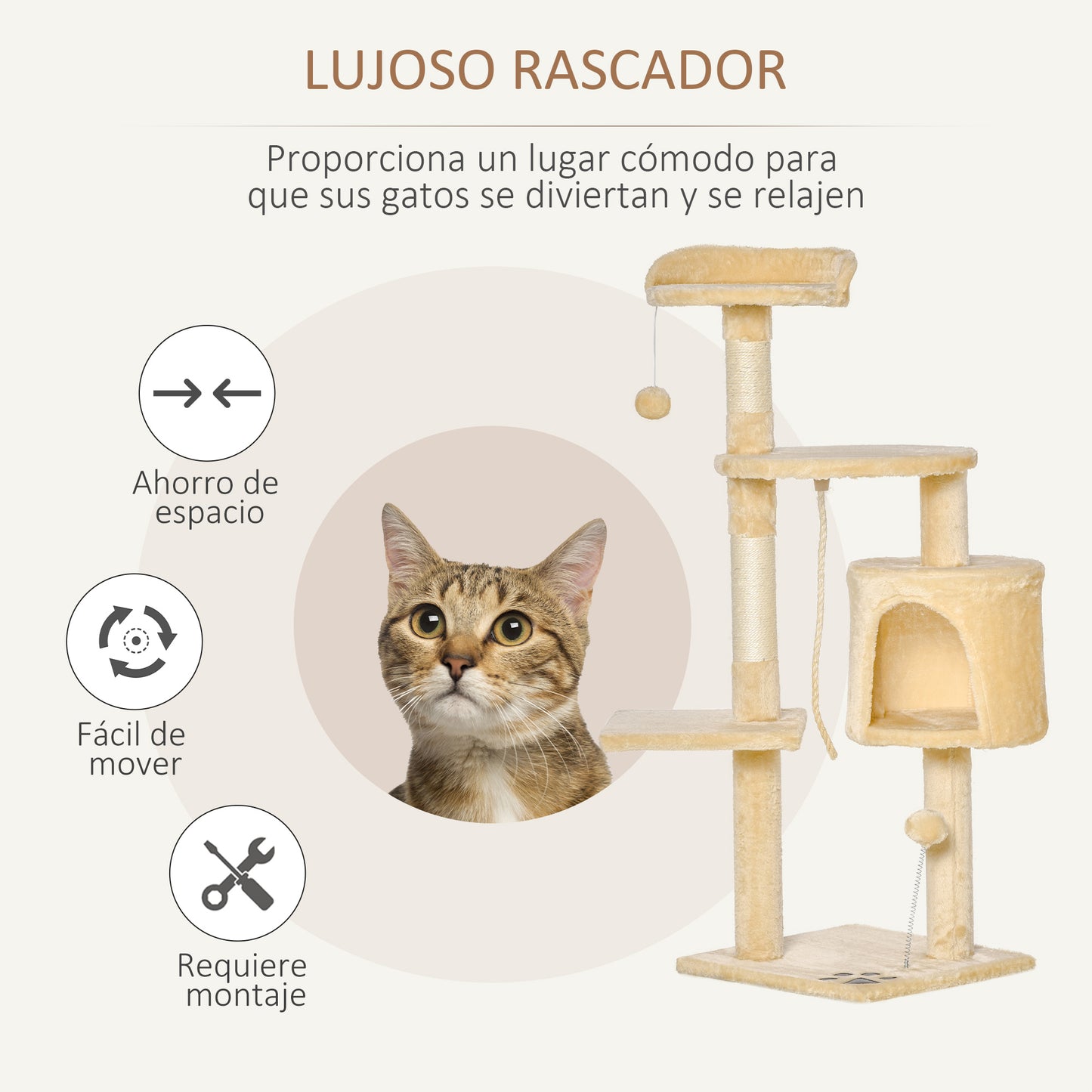 Pawhut Árbol Para Gatos Rascador Grande Con Plataformas Casetas Bolas De Juego 114cm Cubierto De Felpa Beige_3