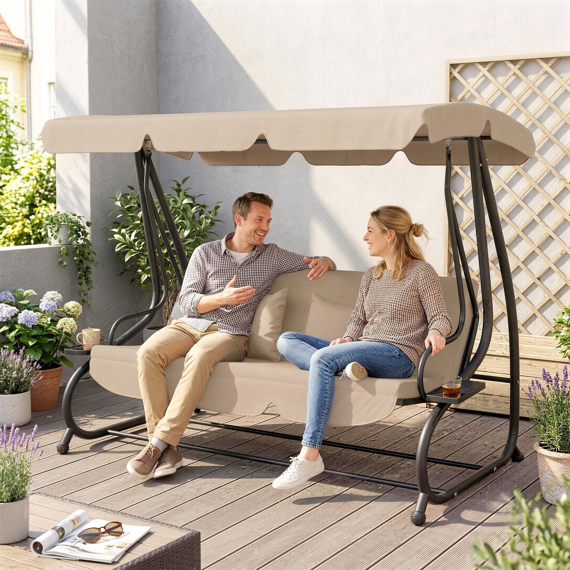 Outsunny Columpio De Jardín Exterior 2 En 1 Con Toldo Ajustable Y Cojines Arena_3