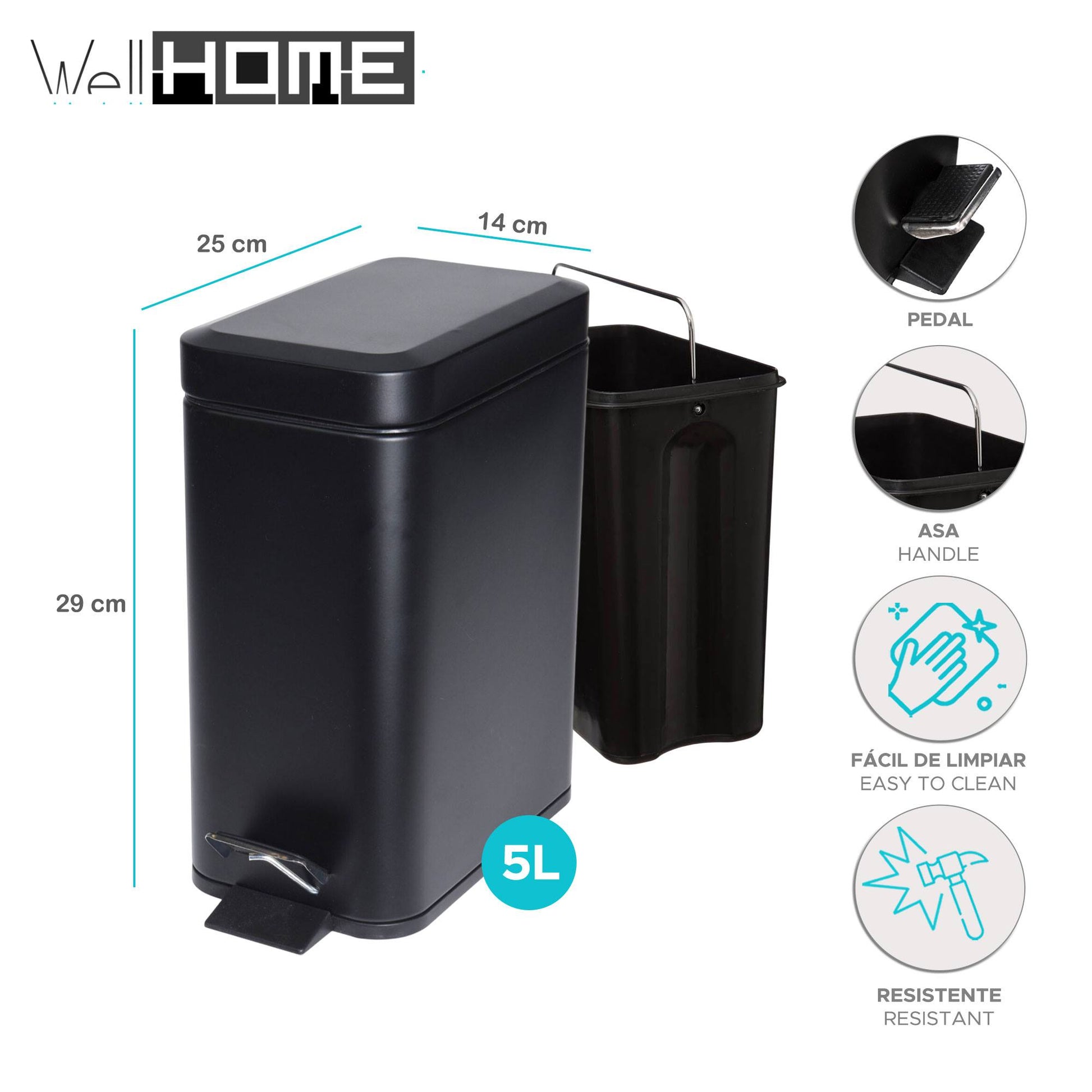 Cubo Con Pedal 5l Metal Negro