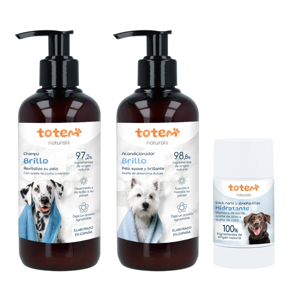 Pack Hidratación para perros Stick nariz y almohadillas + Champú 250 ml + Acondicionador 250 ml Totem Naturals