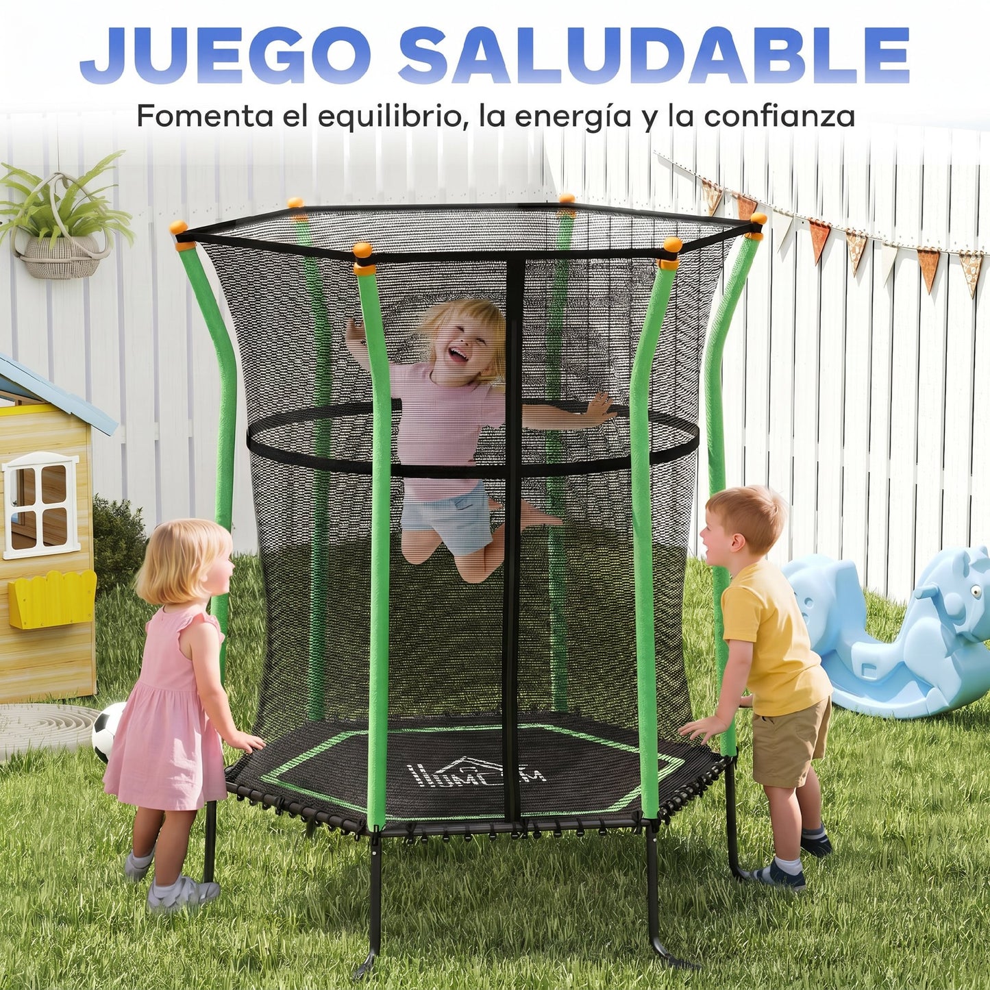 Homcom Cama Elástica Infantil De Jardín 122x111x190 Cm Carga 50 Kg Negro Y Verde_3